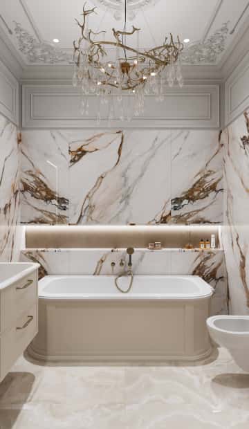 Напротив входа установили ванну с отделкой в тон пола, чтобы растворить её в пространстве