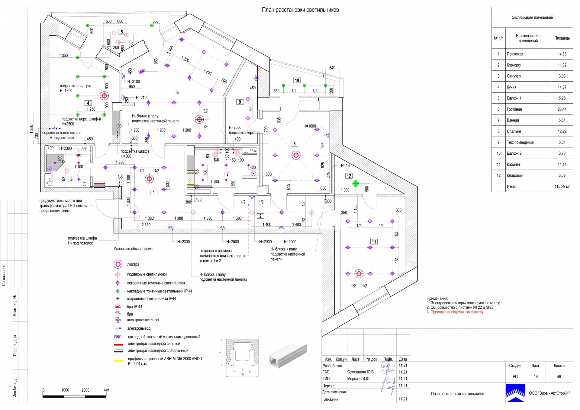 План расстановки светильников, квартира 115 м²