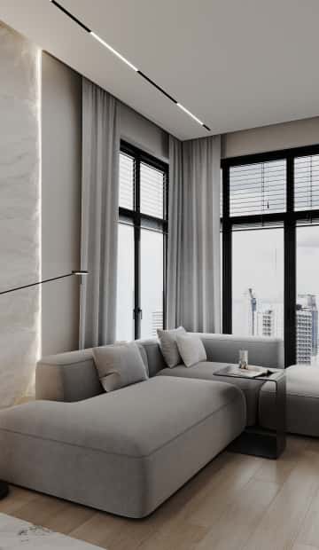 Гармония перемен. Дизайн и ремонт квартиры 66м2 ЖК Зорге 9 в стиле минимализм. Кухня-гостиная, фото 07