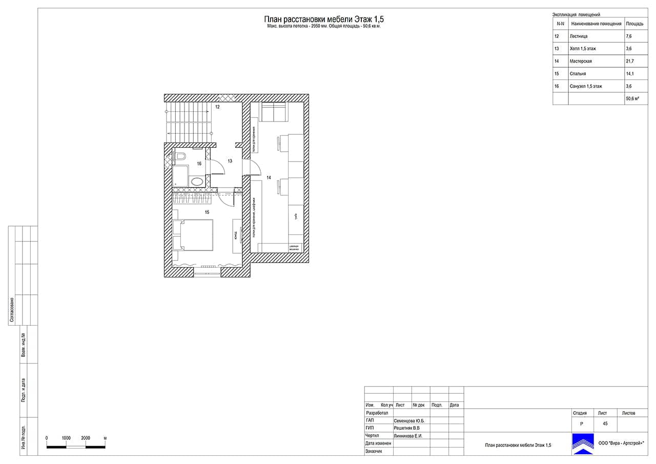 План расстановки мебели. Этаж 1,5, дом 332 м² в КП «Лесная Рапсодия-2»