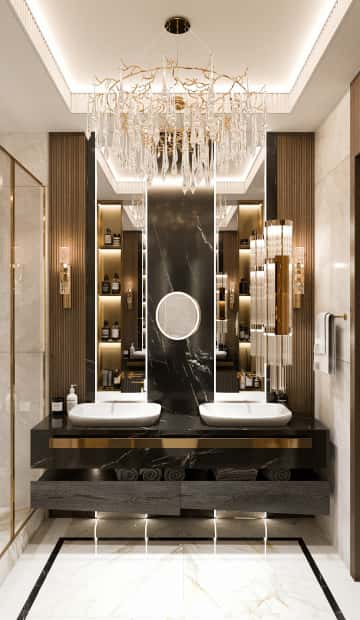 Область с раковинами также украсили реечными панелями