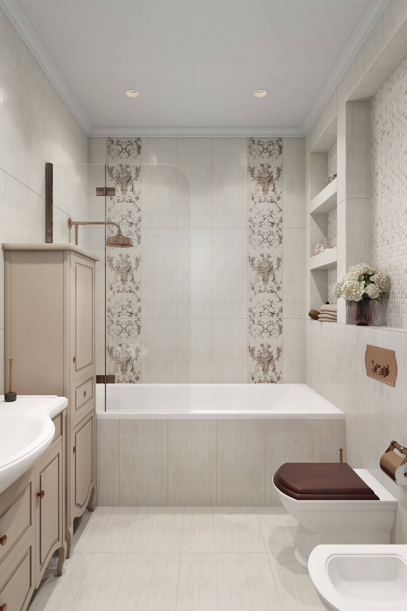 Кремовая плитка в ванной с классическим орнаментом