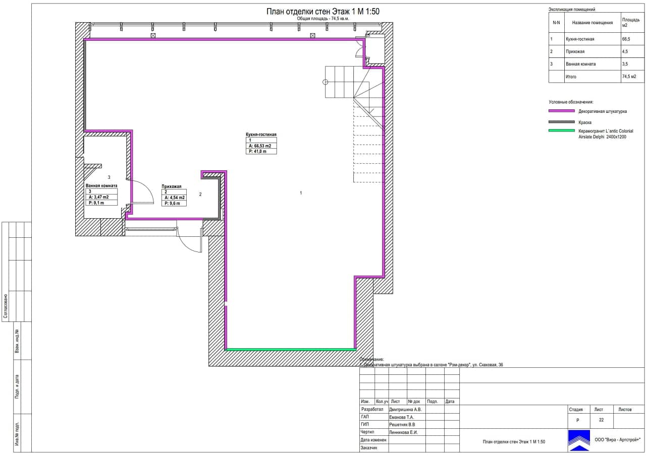 План отделки стен 1, квартира 109 м² в ЖК «Палаты Муравьёвых»