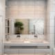 Ванная с белой ванной и большим окном. Интерьер в стиле минимализм. Фото 041