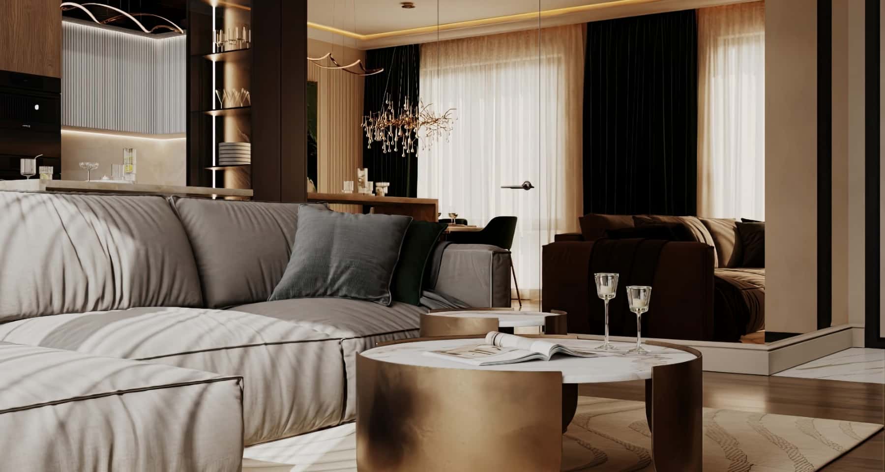 Дизайн интерьера кухни-гостиной с зеркальной стеной