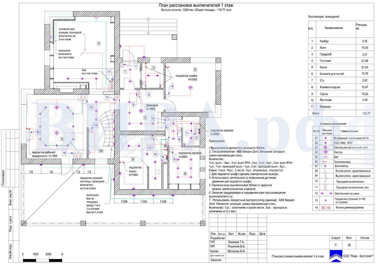 план расстановки выключателей 1 этаж, дом 260 м² в КП «Лесной родник»