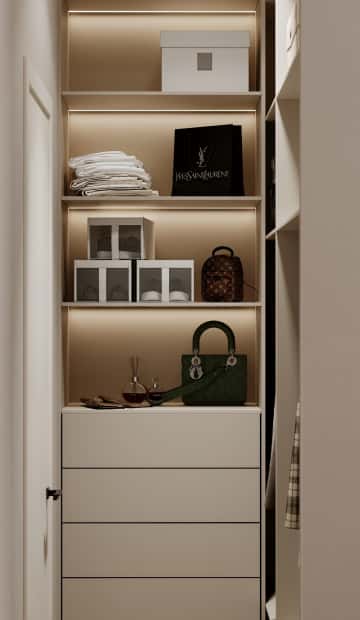 Стиль как инвестиция. Дизайн и ремонт квартиры 60м2 ЖК AFI Park Воронцовский в современном стиле. Мастер-спальня с гардеробной, фото 07