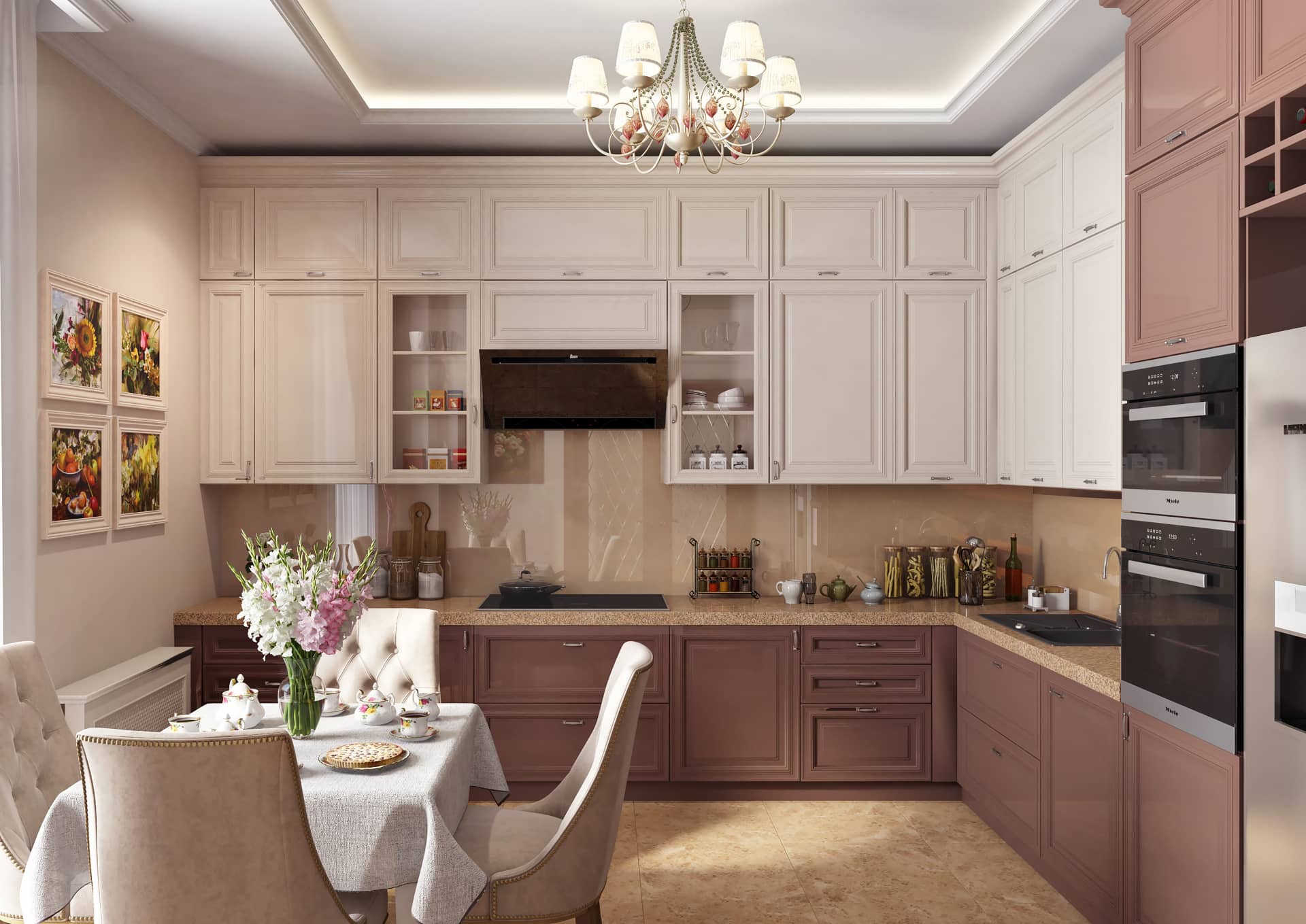 Кухня в кремовых оттенках с рабочей поверхностью цвета карамели