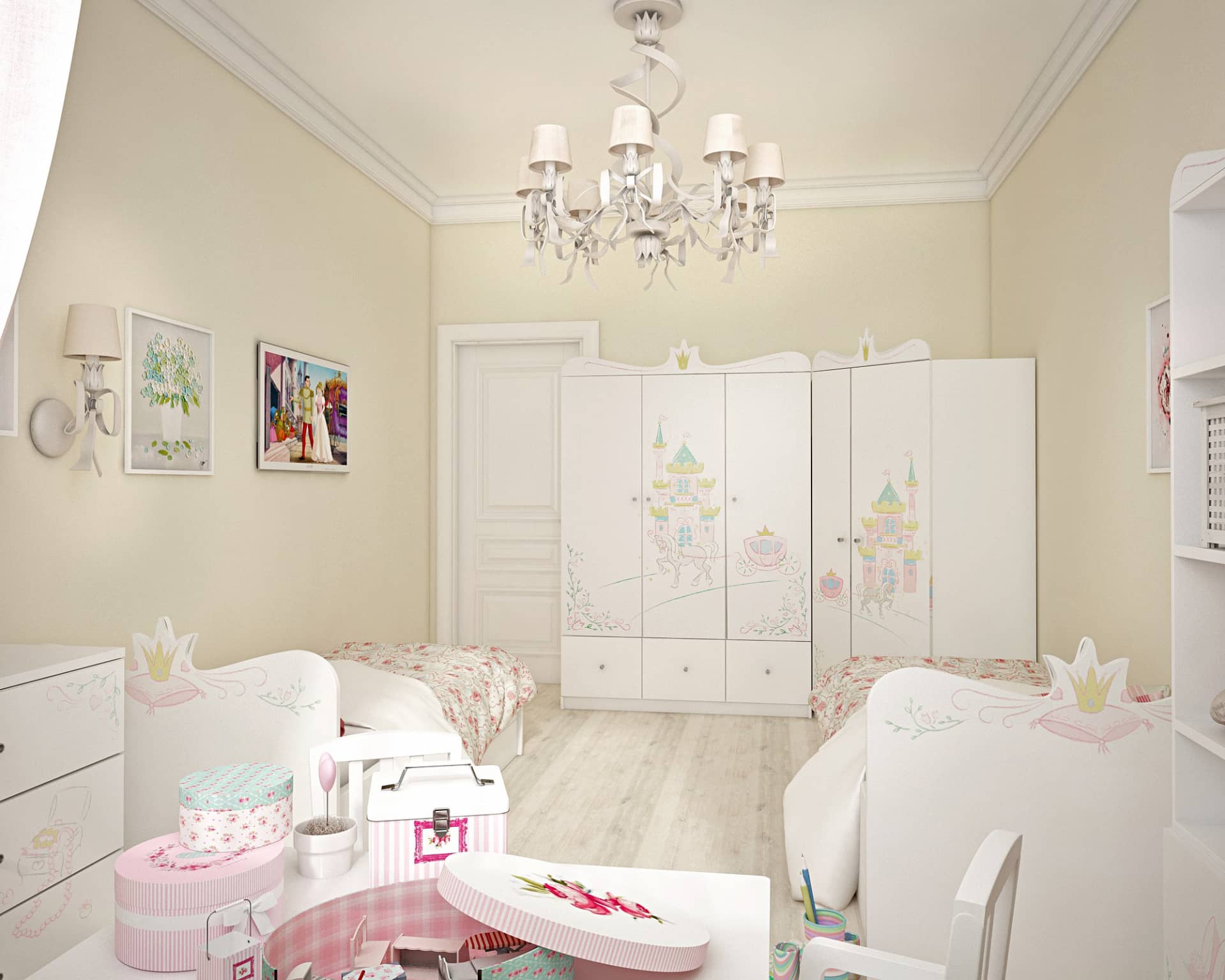 Шкаф белого цвета с рисунками принцесс для детской