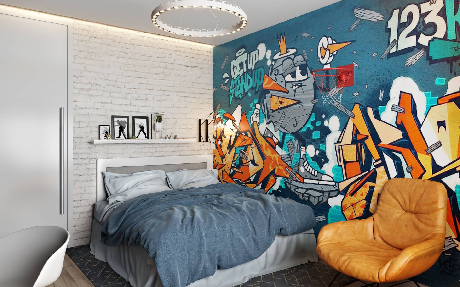 Стена с нарисованным графити выполненным в яркой цветовой гамме