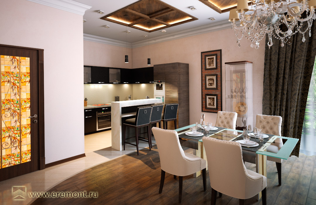 Оформление интерьера гостиной трехкомнатной квартиры в коричневый цвет в стиле современной классики. Фото № 46595.