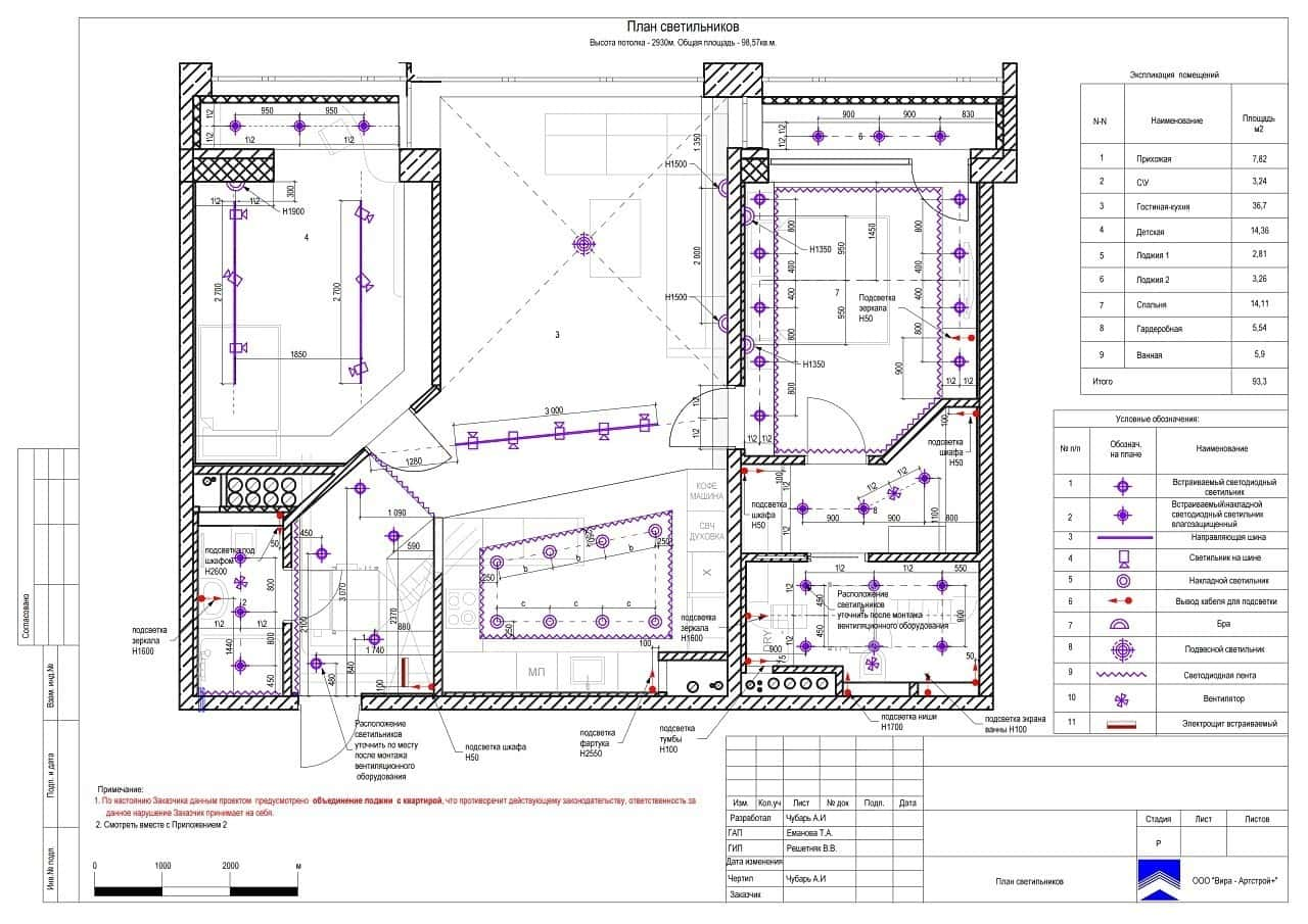 План расстановки светильников, квартира 98 м² в ЖК «Новоясеневский»