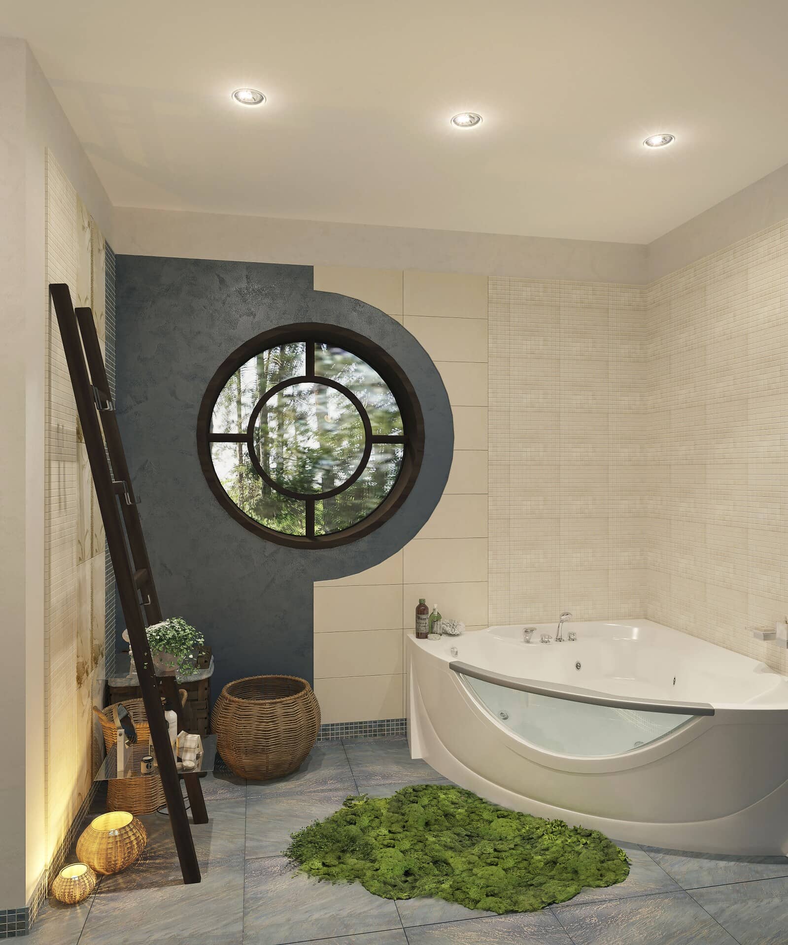 Ремонт ванной комнаты в современном стиле с окном-иллюминатором