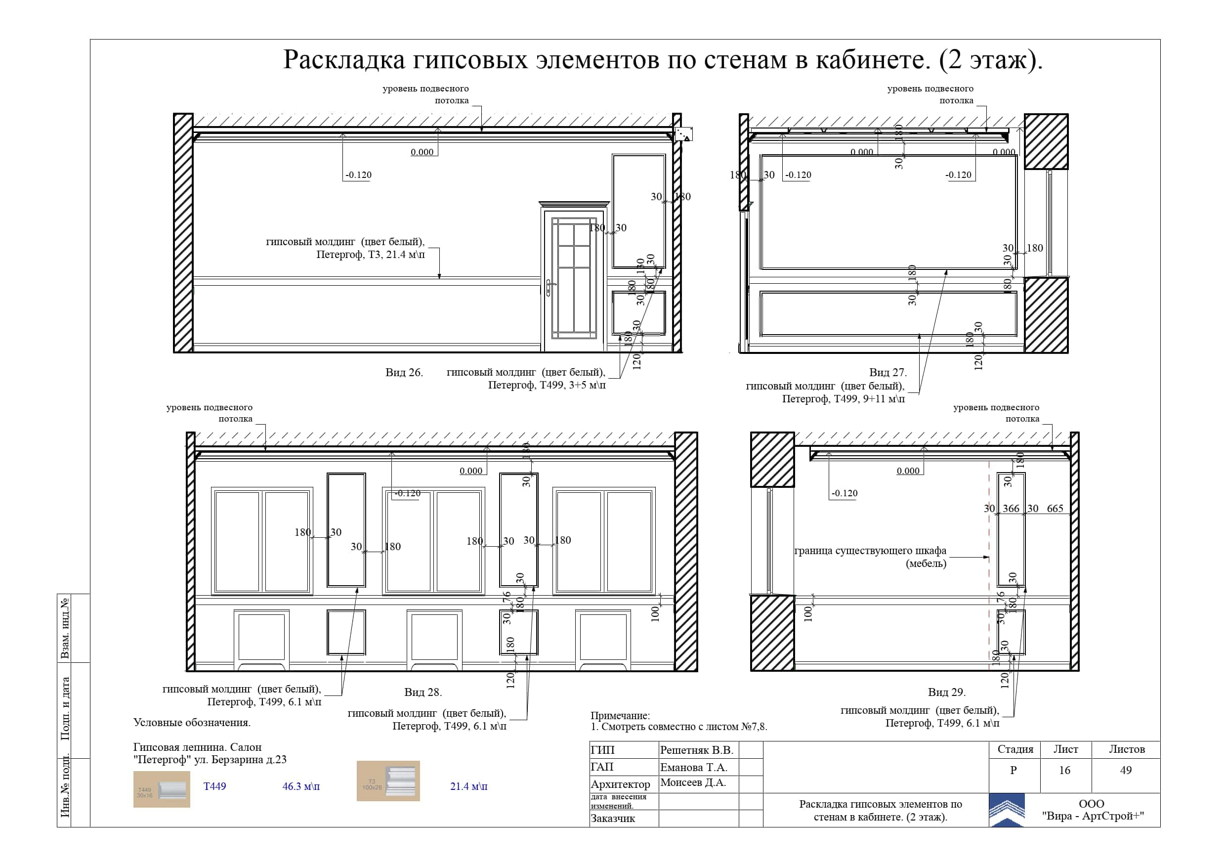 16. Раскладка гипсовых элементов по стенам в кабинете, дом 373 м²