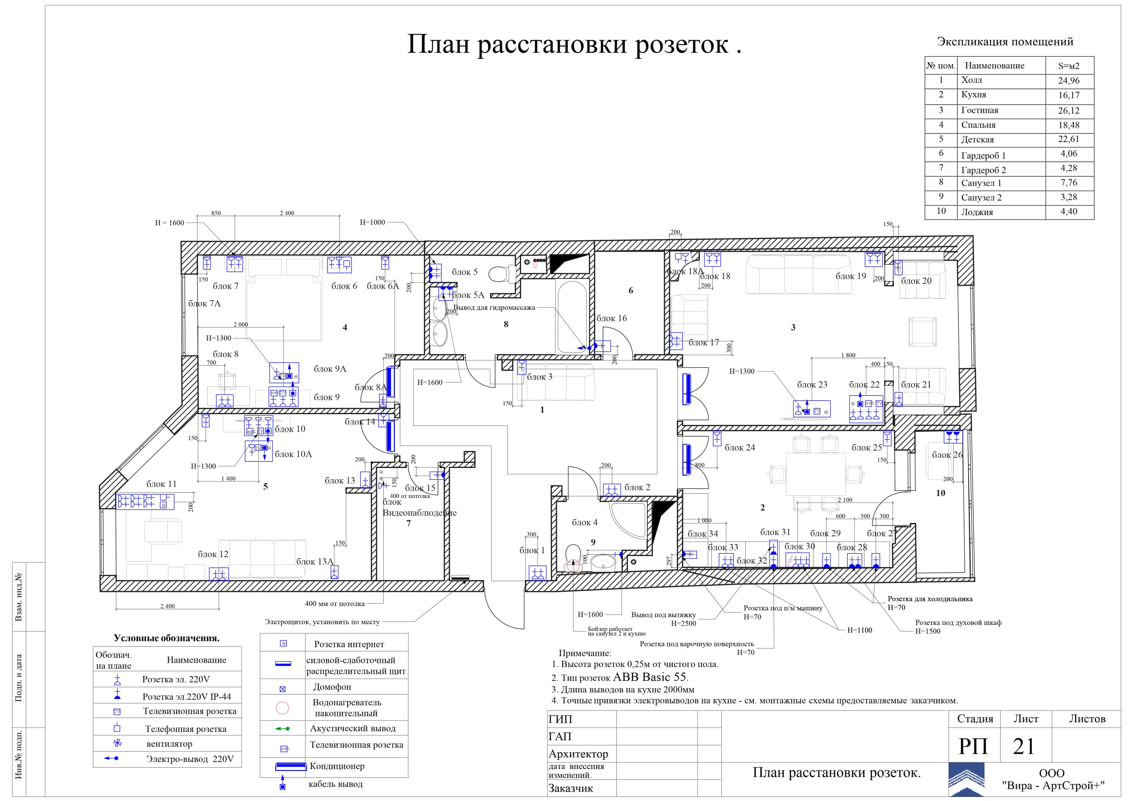 План расстановки розеток, квартира 137.8 м² в ЖК «Каскад»