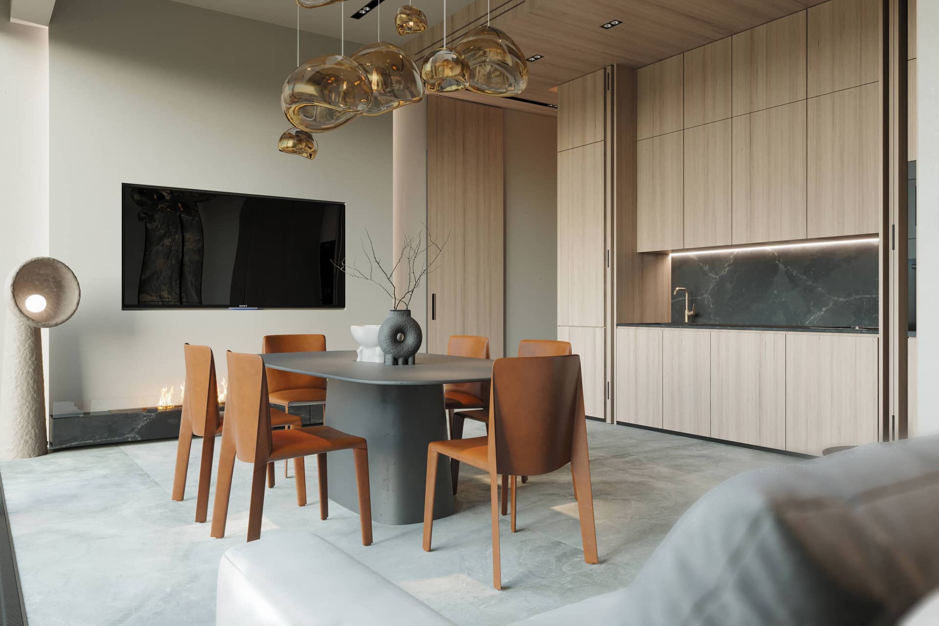Оформление интерьера гостиной-кухни трехкомнатной квартиры в светло серый цвет в современном стиле. Фото № 63961.