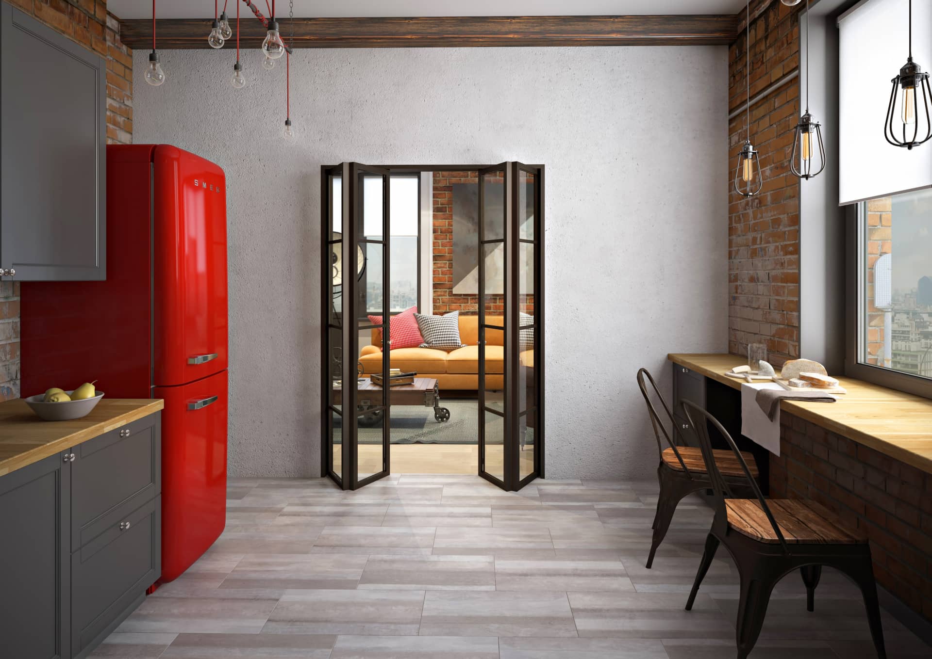 Стеклянные двери разделенные на прямоугольники, разделяющие гостиную от кухни