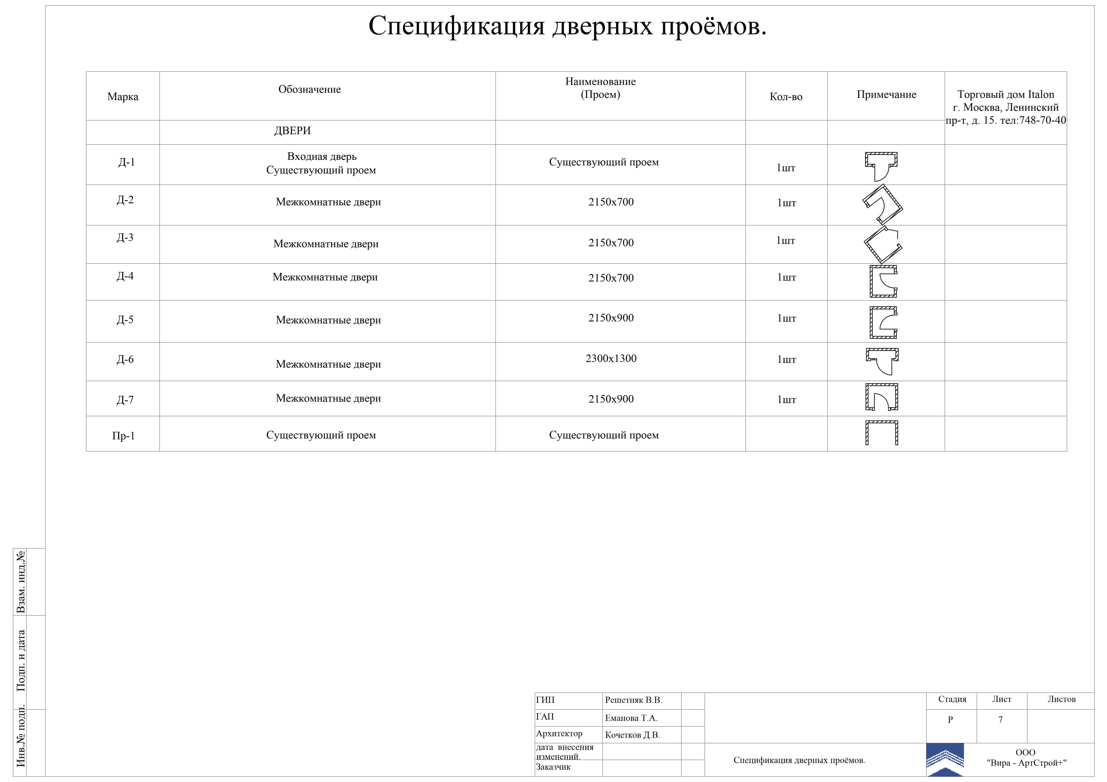 07. Спецификация дверных проёмов, квартира 90 м² в ЖК «Миракс Парк»