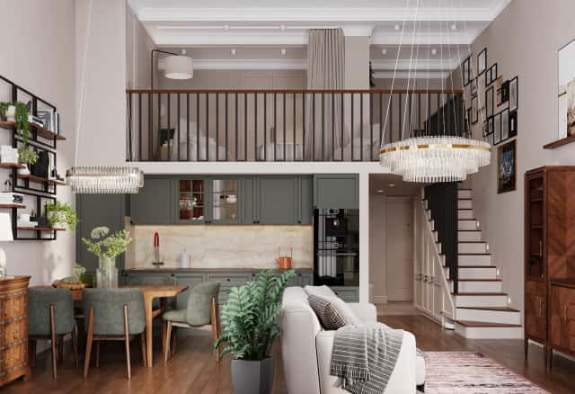 Фотографии кухонь-гостиных. Квартира с мезонином. Дизайн и ремонт квартиры 89м2 ЖК Джаз в современном. Кухня-гостиная.