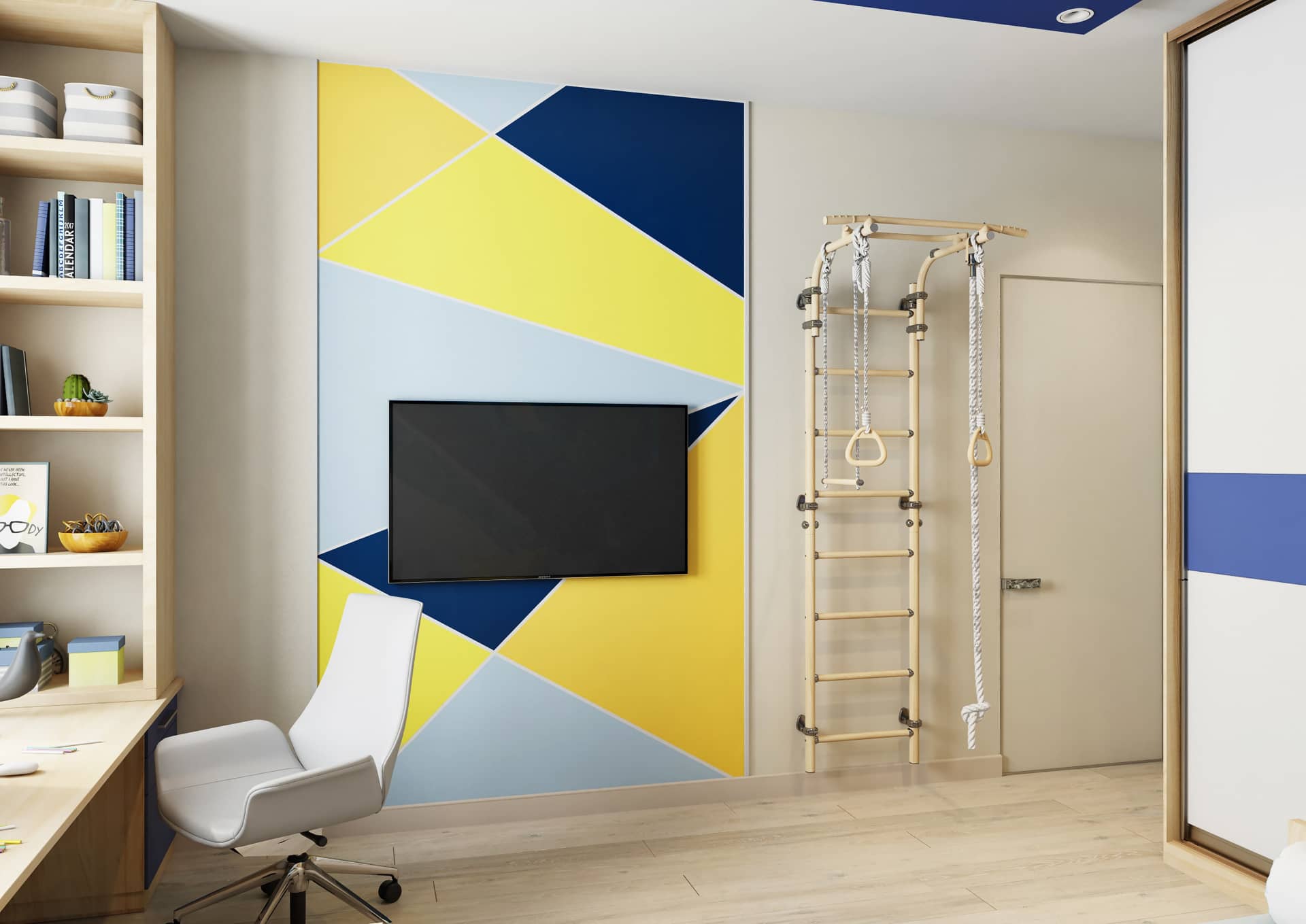 Стена голубого, синего и жёлтого цветов для декора комнаты