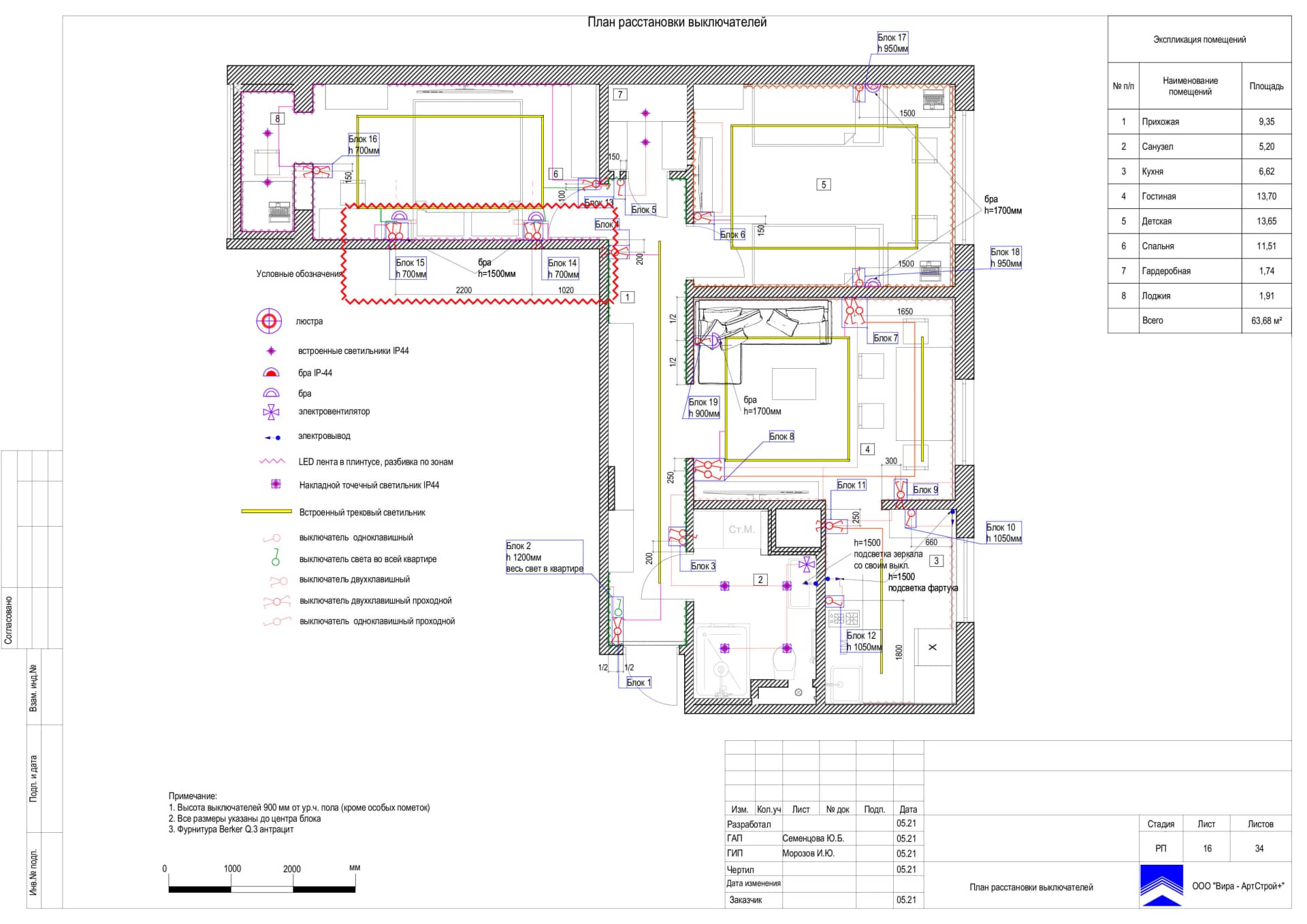 План расстановки выключателей, квартира 64 м²