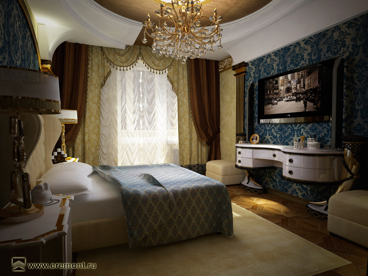 Богато обставленная спальня в классическом стиле