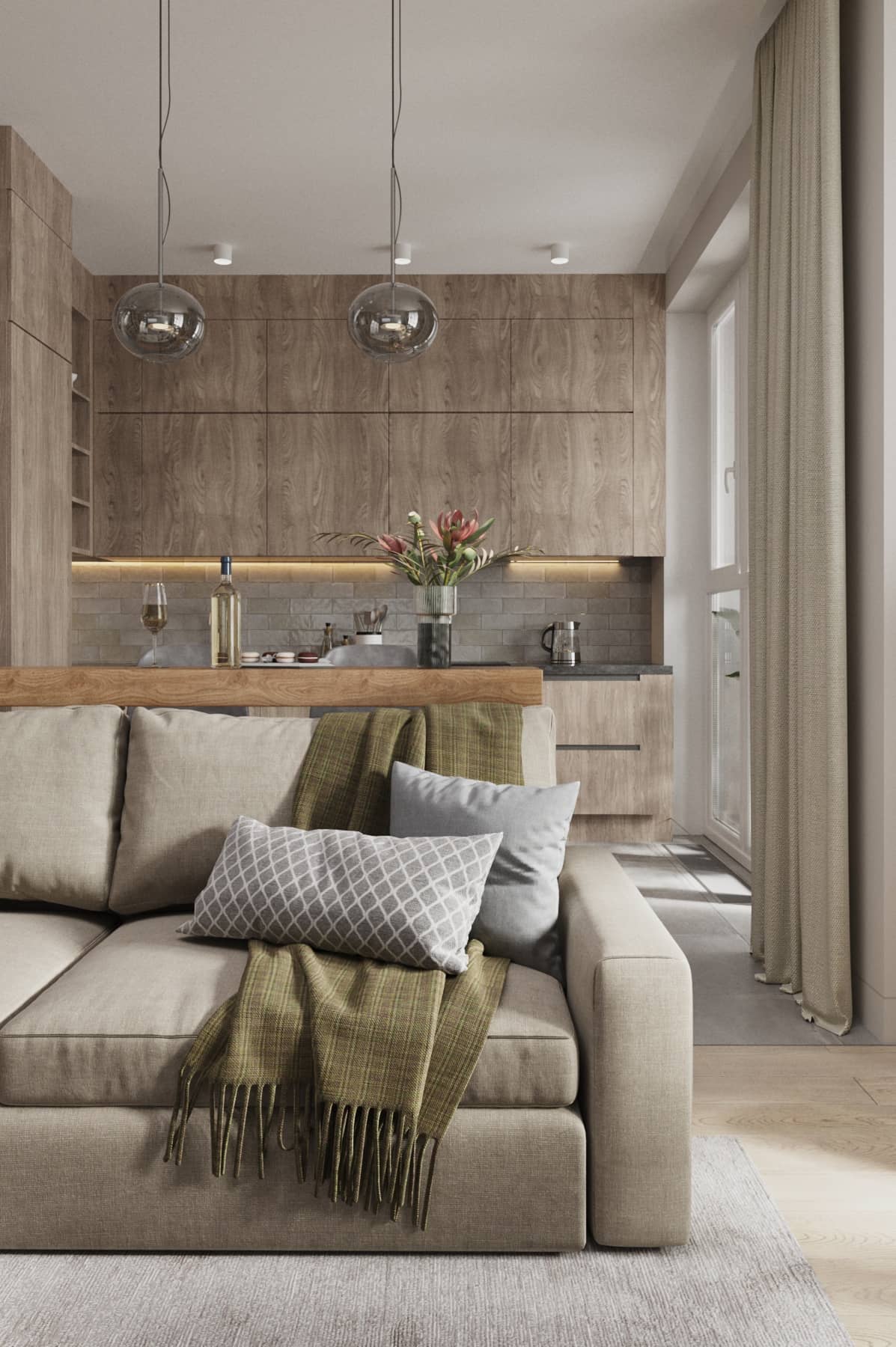 Оформление интерьера гостиной-кухни трехкомнатной квартиры в светло серый цвет в современном стиле. Фото № 62623.