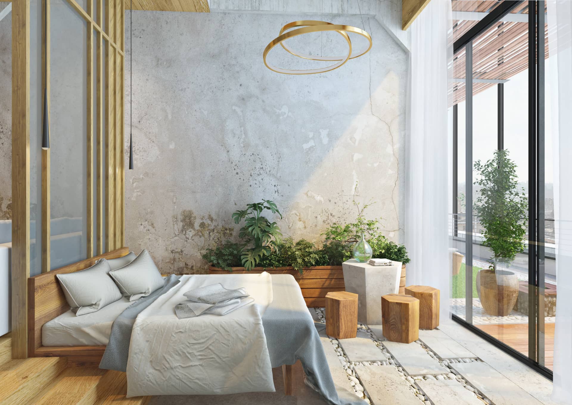 Стены в комнате сделаны под цементный рисунок и добавлены живые растения для живости интерьера