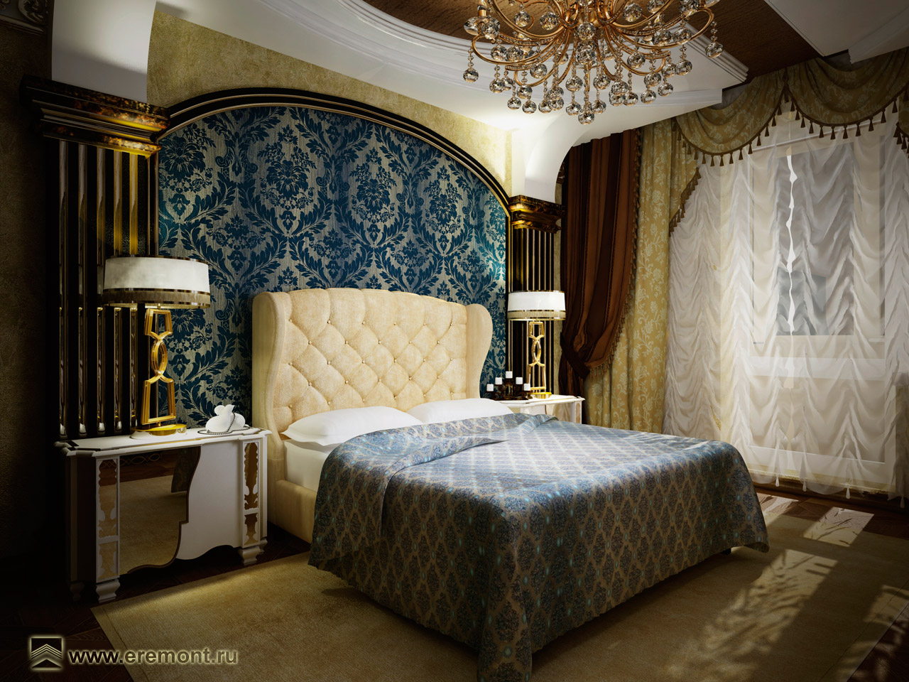 Высокое изголовье кровати гармонирует с текстильными обоями на стене