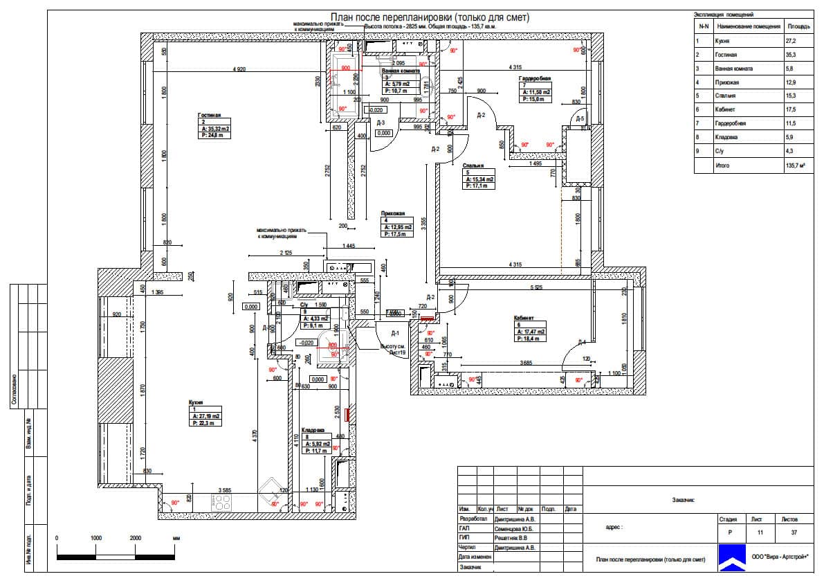 План после перепланировки (только для смет), квартира 135 м² в ЖК «Среда»