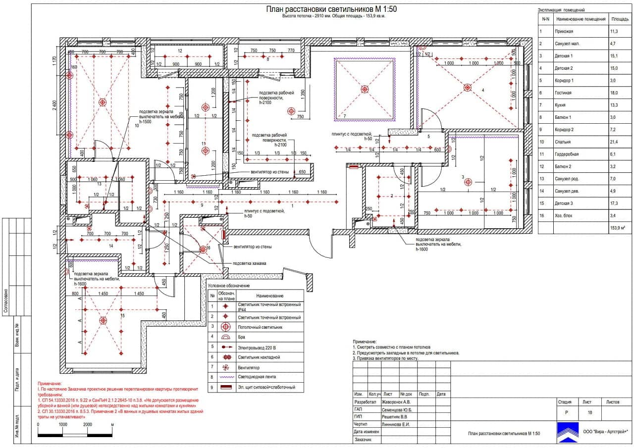 План расстановки светильников, квартира 154 м² в ЖК «Испанские кварталы»