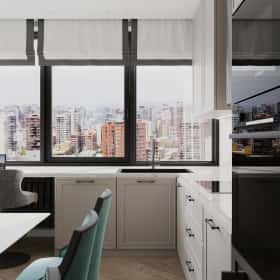 Диалог поколений. Дизайн и ремонт квартиры 93м2 ЖК Хэдлайнер в неоклассике. Кухня-гостиная, фото 13