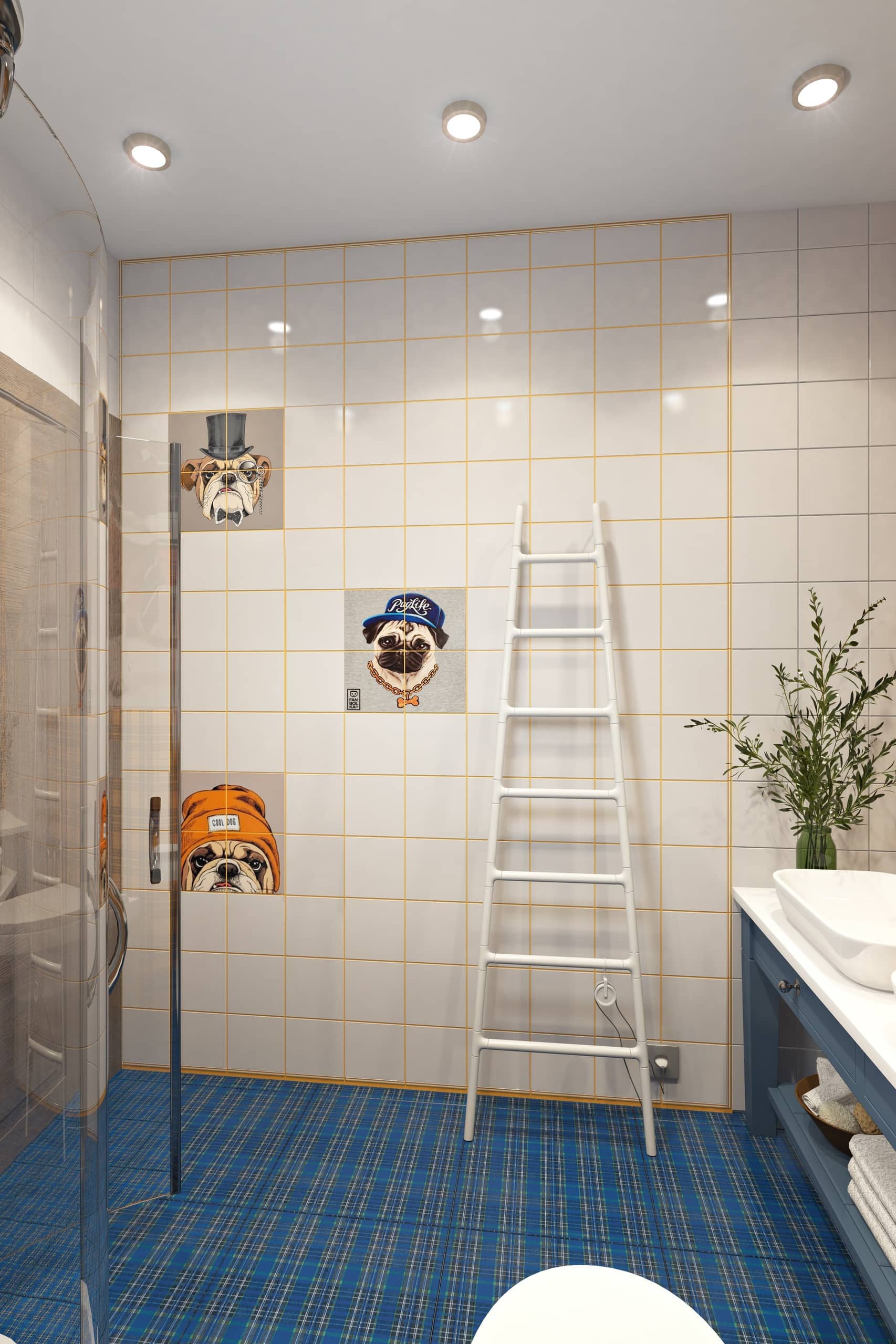 Фото аппликации мопсов на плитках отлично подходят под интерьер ванной комнаты