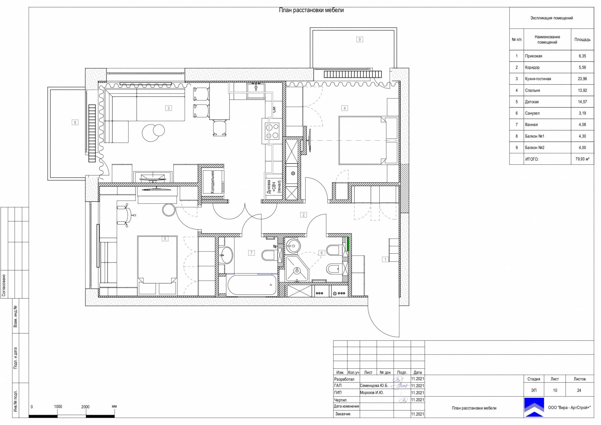 План расстановки мебели, квартира 80 м² в ЖК «Джаз»