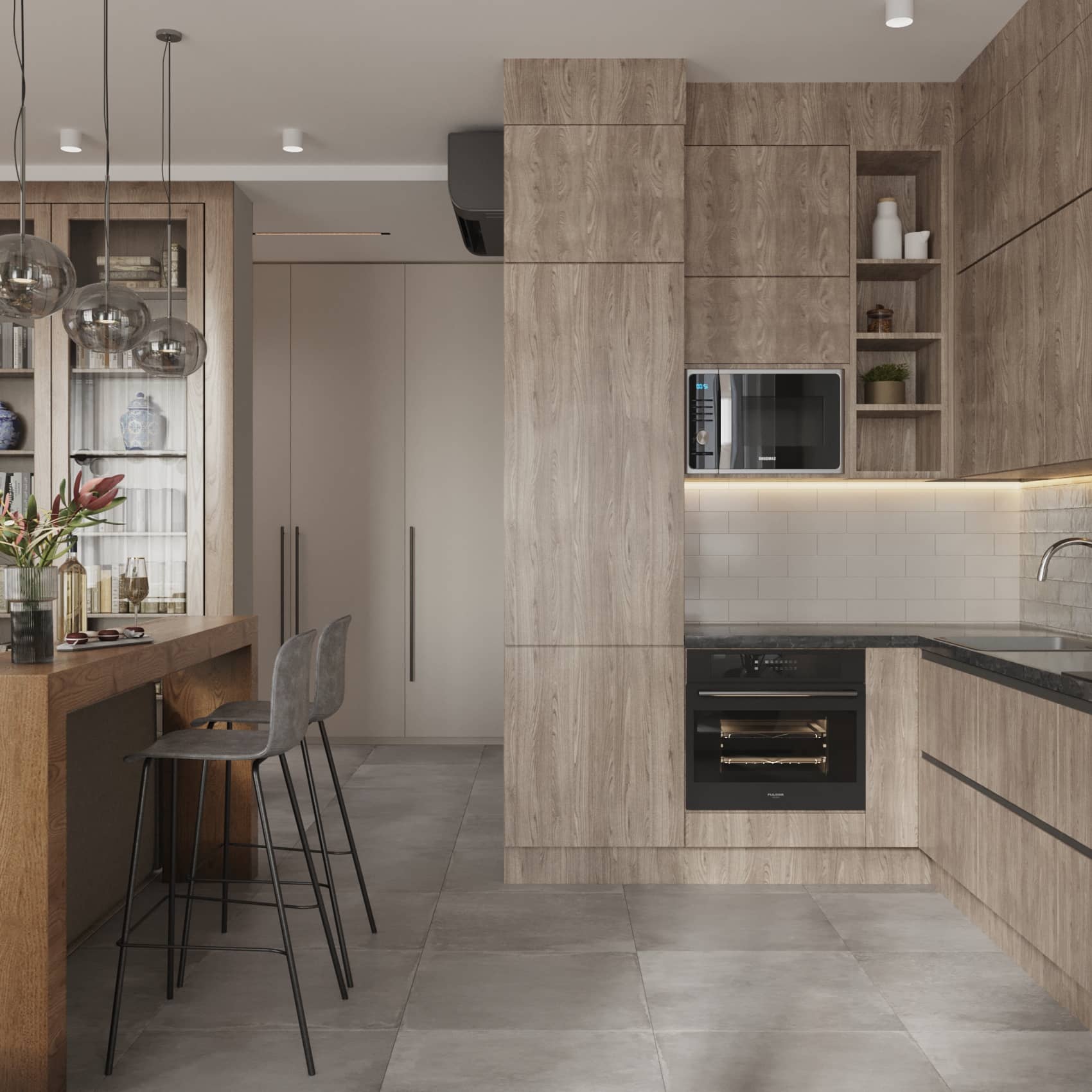 Оформление интерьера гостиной-кухни трехкомнатной квартиры в светло серый цвет в современном стиле. Фото № 62620.