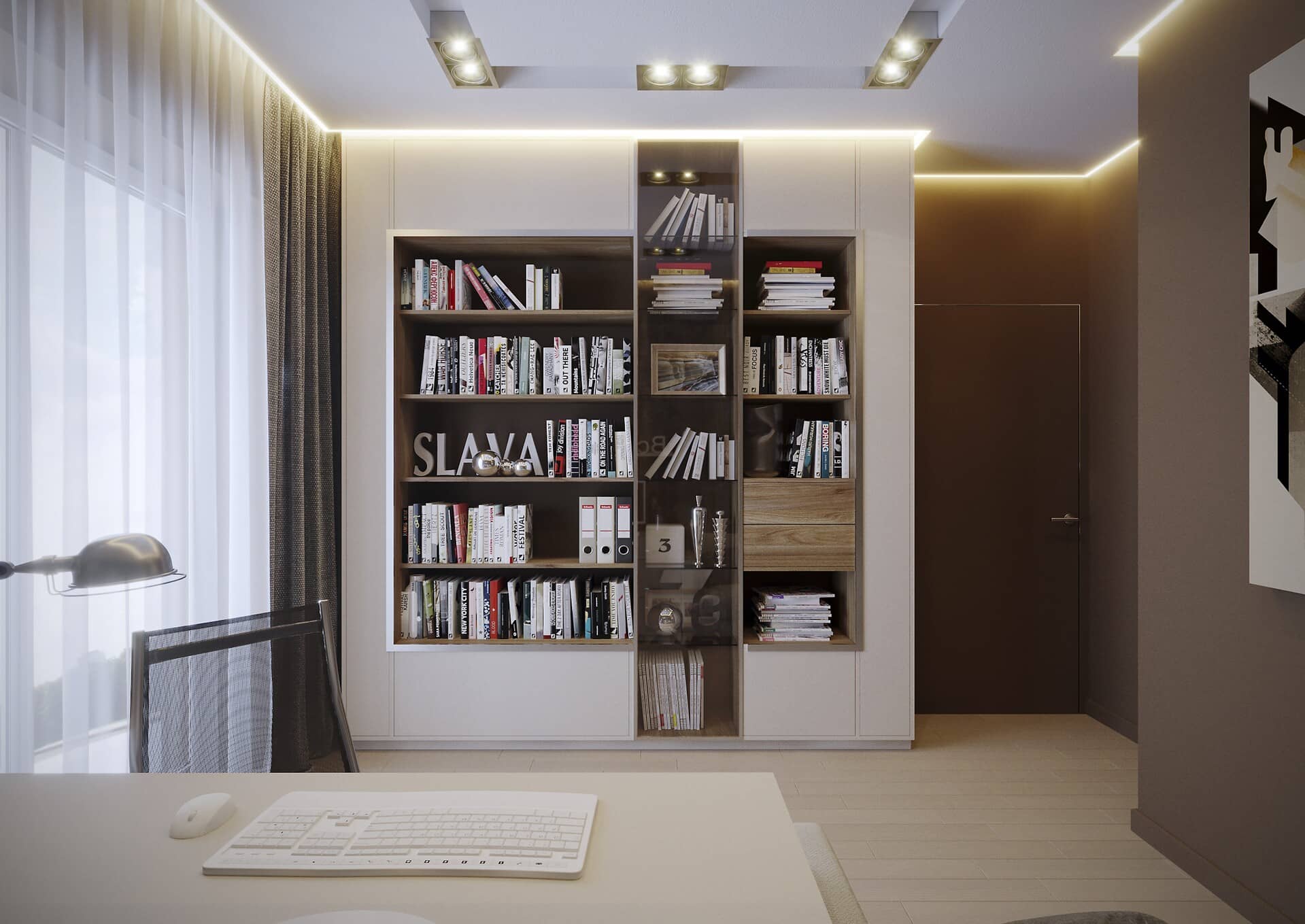 Встроенные полочки для книг в стену в кабинете экономят пространство