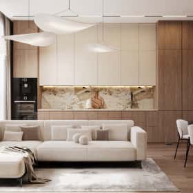 Очарование природы. Дизайн и ремонт загородного дома 116м2 в КП Британика в современном стиле. 1 этаж Кухня-гостиная