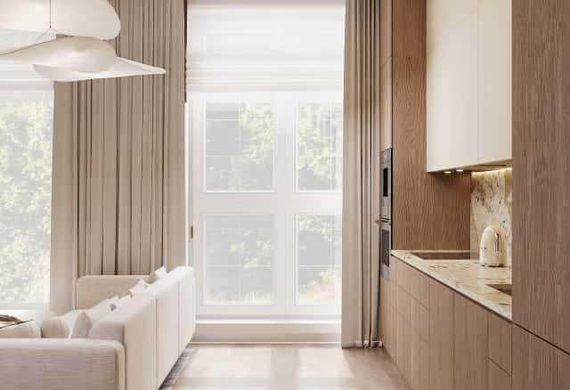 Фотографии домов. Очарование природы. Дизайн и ремонт загородного дома 116м2 в КП Британика в современном стиле. 1 этаж Кухня-гостиная, фото 04.