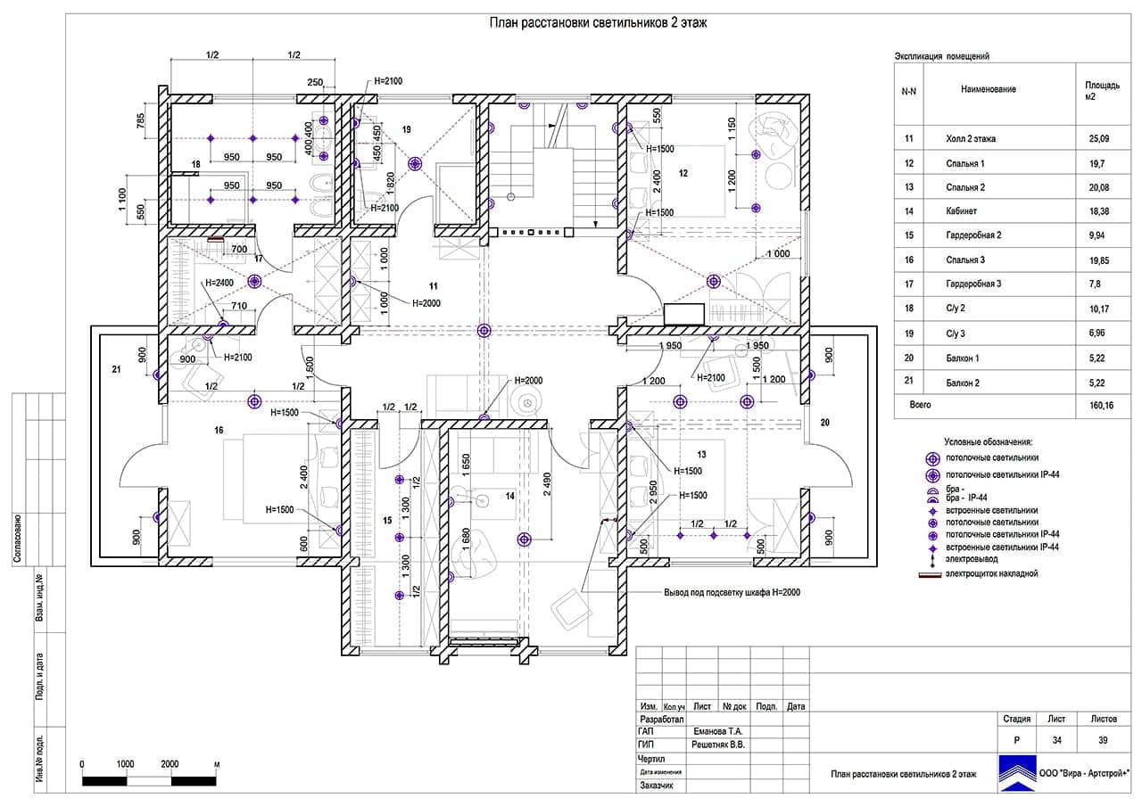 План расстановки светильников. 2 этаж, дом 297 м² в ЖК «Мишино»