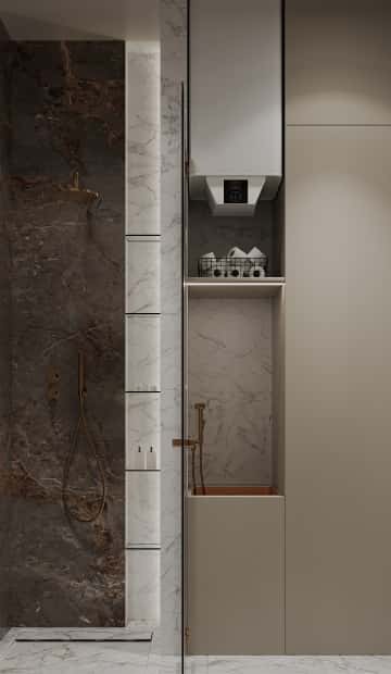 Предусмотрели техническую раковину и место для хранения банных принадлежностей