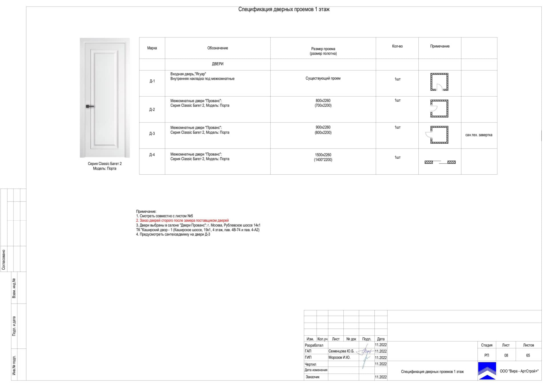Спецификация дверных проемов 1 этаж, дом 116 м² в КП «Британика»