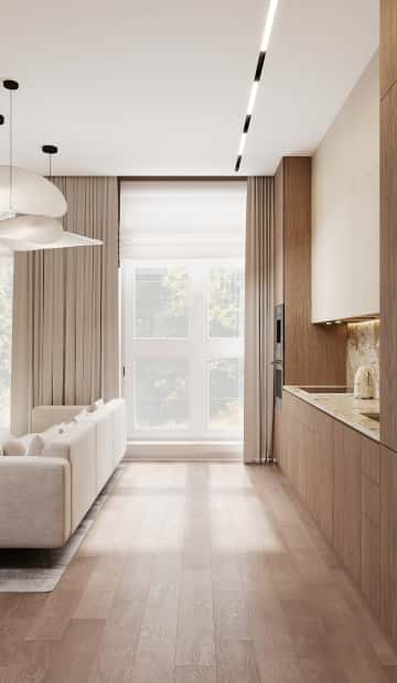 Очарование природы. Дизайн и ремонт загородного дома 116м2 в КП Британика в современном стиле. 1 этаж Кухня-гостиная, фото 04