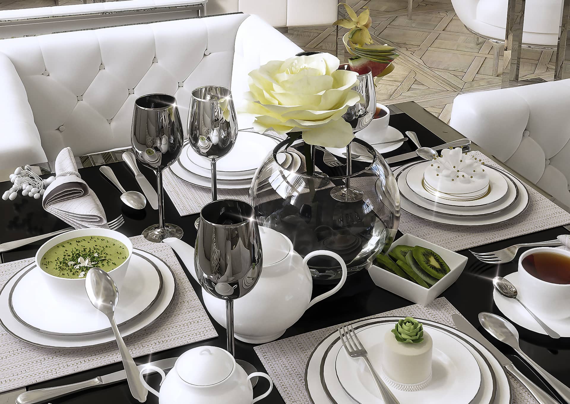 Столы украшены строго, белая посуда с чёрной каёмкой