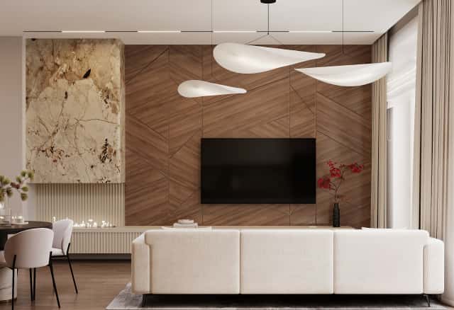 Фотографии домов. Очарование природы. Дизайн и ремонт загородного дома 116м2 в КП Британика в современном стиле. 1 этаж Кухня-гостиная, фото 02.