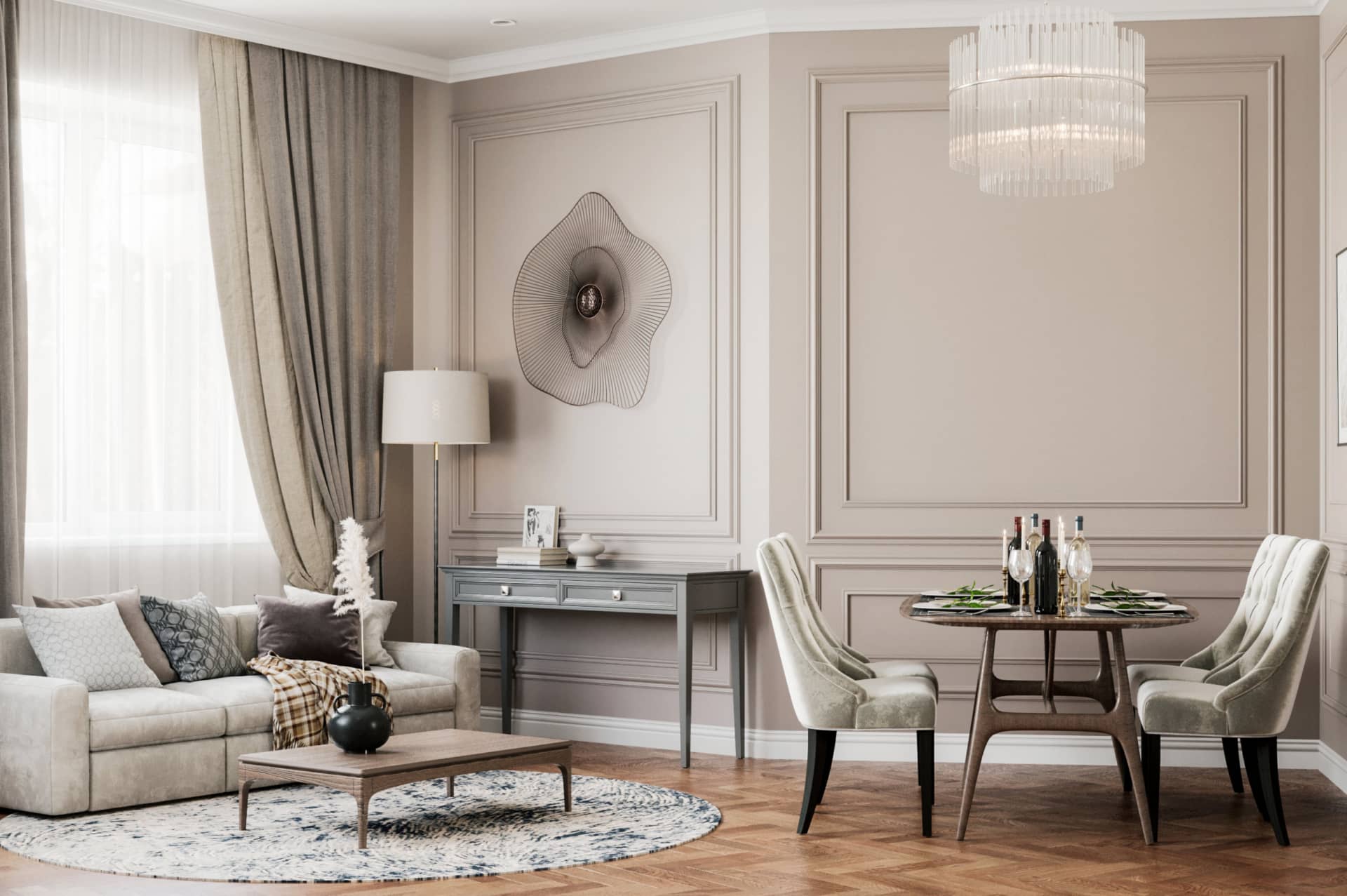 Оформление интерьера гостиной трехкомнатной квартиры в коричневый цвет в стиле современной классики. Фото № 62285.