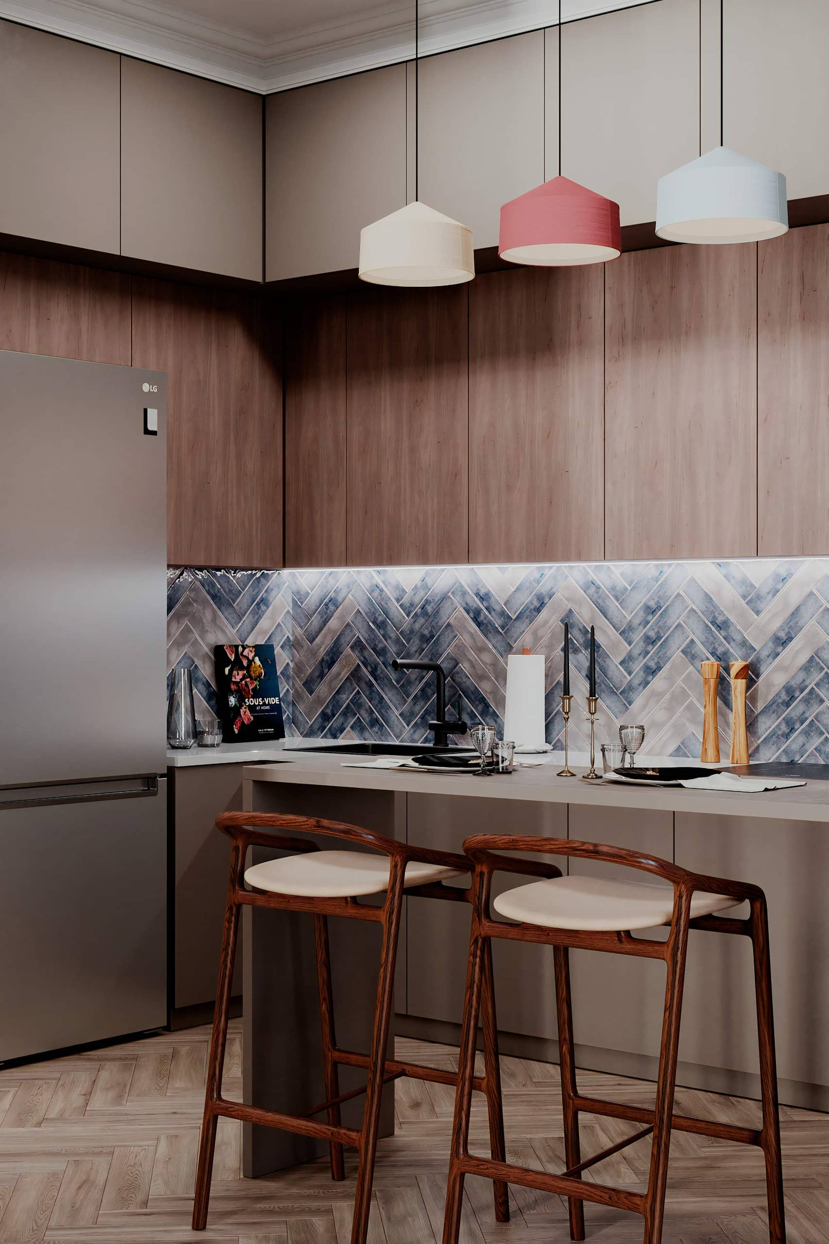 Оформление интерьера гостиной-кухни трехкомнатной квартиры в светло серый цвет в современном стиле. Фото № 67627.