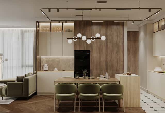 Фотографии кухонь-гостиных. В ожидании чуда. Дизайн и ремонт квартиры 84м2 ЖК Shagal в современном стиле. Кухня-гостиная.