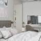 Широкая двухспальная кровать в белом цвете. Дизайн и ремонт квартиры в ЖК «Крылатские холмы» — Гармония формы. Фото 0106