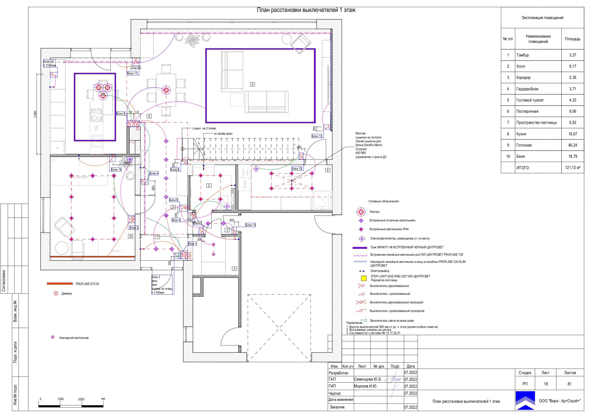 План расстановки выключателей 1 этаж, дом 265 м² в КП «Новогорск Клаб»