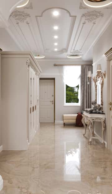 Полированная поверхность пола под оникс отражает прихотливый декор потолка